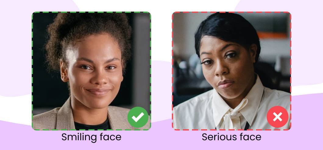 The comparison of a smiling face and a serious face for a profile image