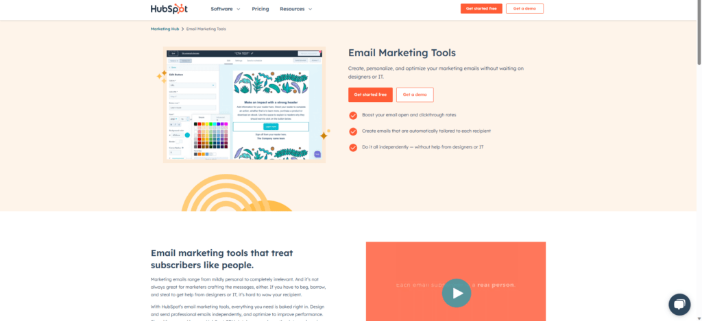 The home page interface of HubSpot, an email marketing tool.