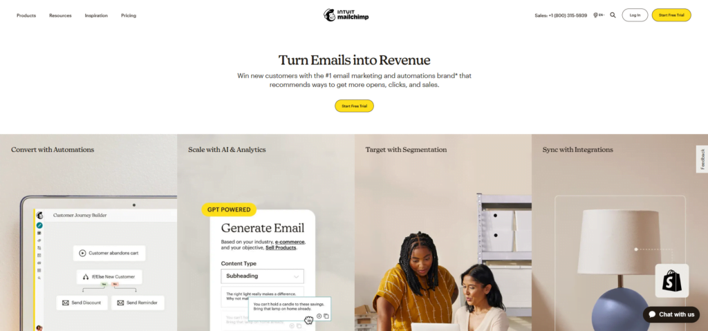 The home page interface of MailChimp, an email marketing tool.