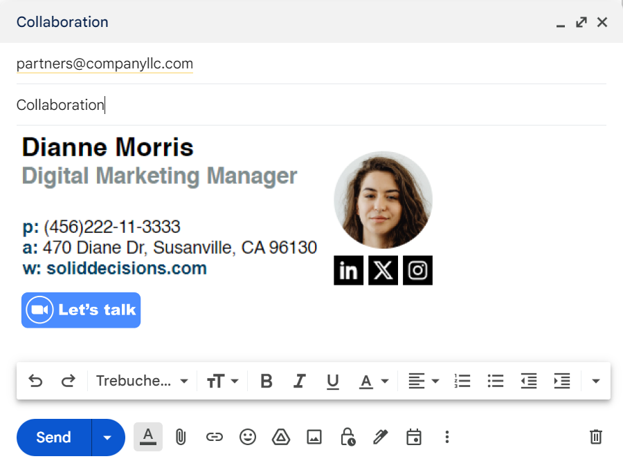 Email signature example with a scheduling button