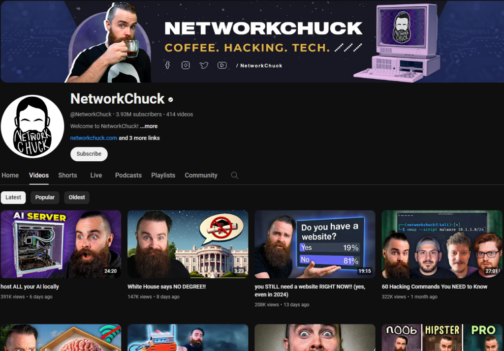 NetworkChuck YouTube Channel for System Administrators and IT specialists