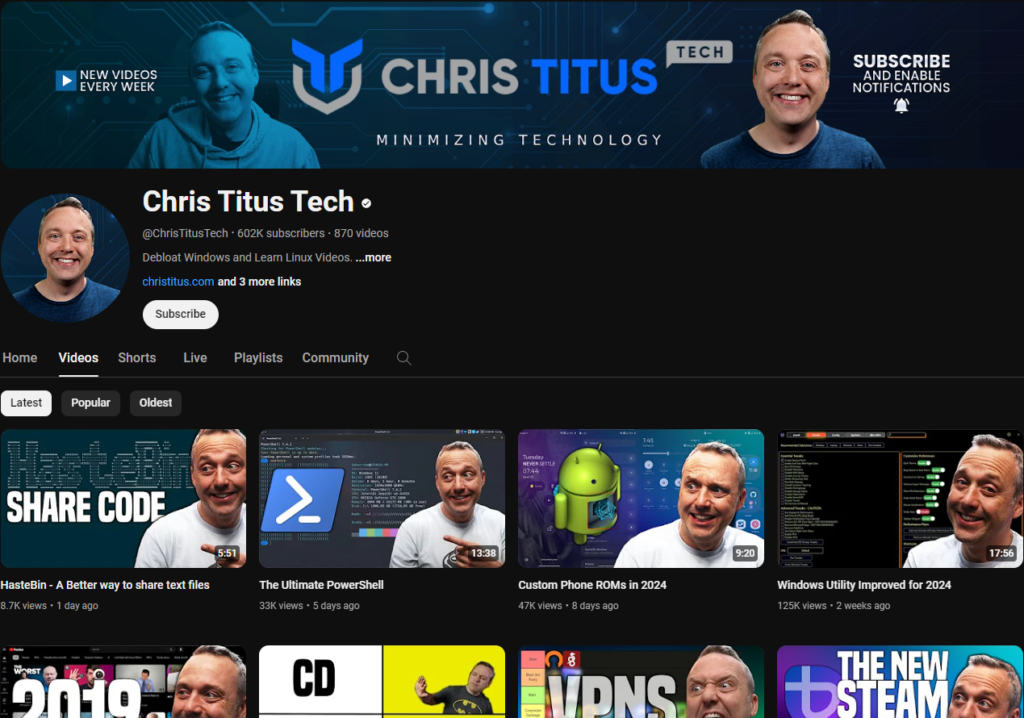 Chris Titus Tech YouTube Channel for IT specialists and system admins