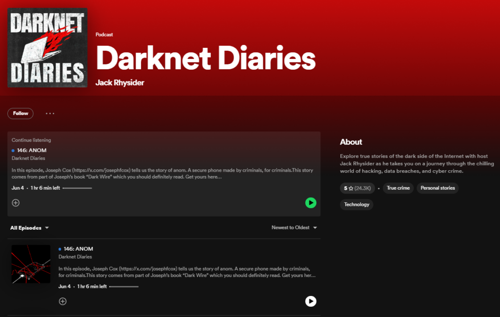 Darknet Diaries is broadly popular Spotify podcast for system administrators that discovers various cyber crime related topics