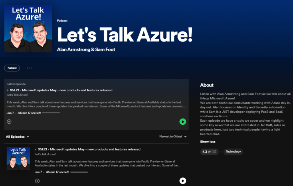 Let's Talk Azure is one of the highly underrated Spotify podcasts for system administrators that is hosted by the two experienced developers.