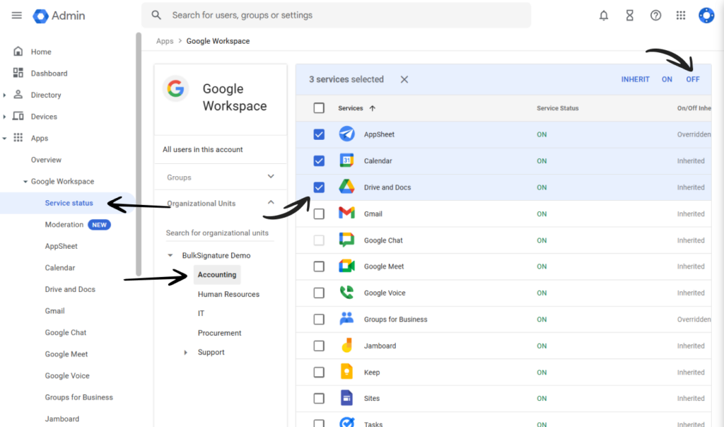 Enable or disable the app access on Google Admin console for the selected organizational units or groups