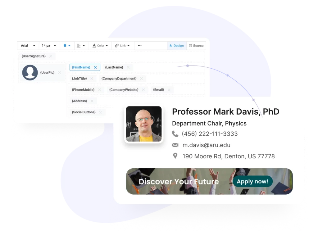 Professional email signature examples of an educational worker with social media icons, a profile picture, contact details, and a call-to-action banner that was created in BulkSignature editor