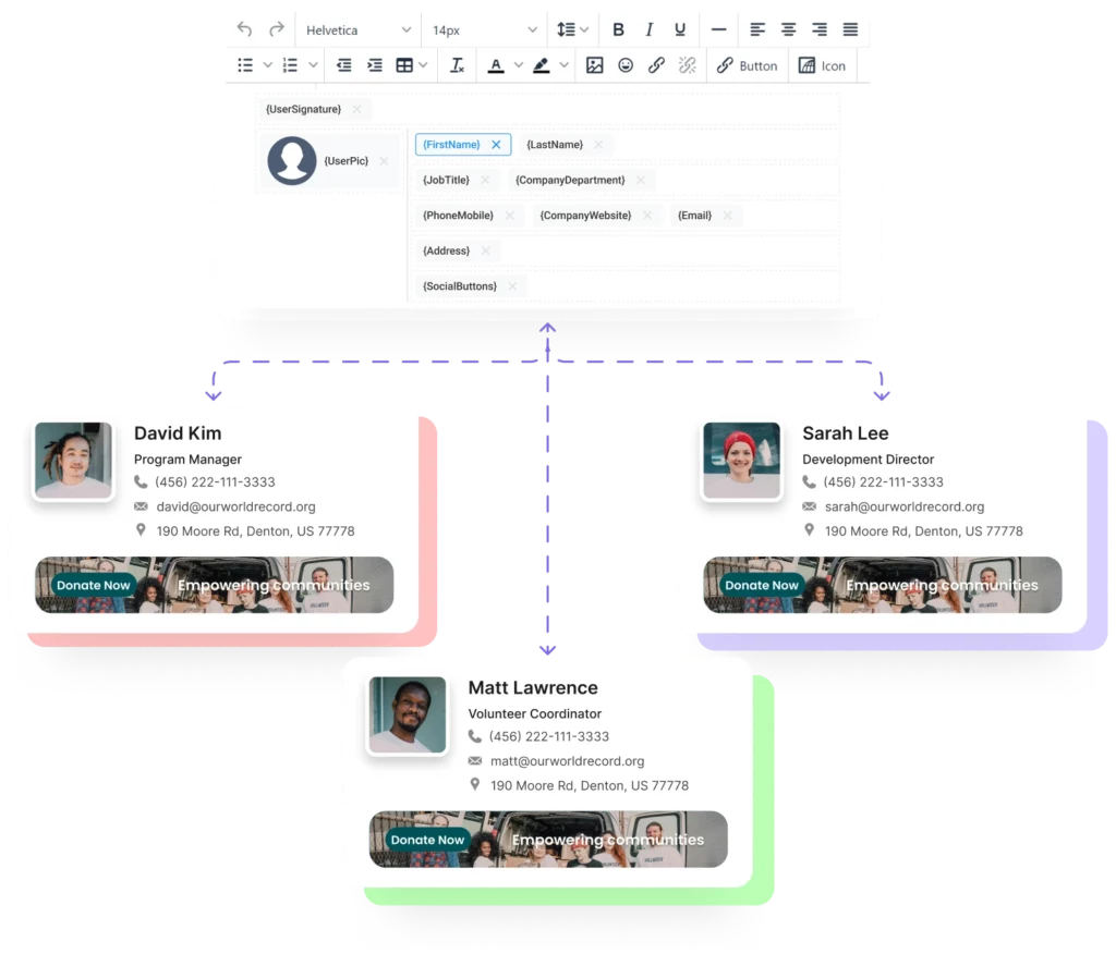 The process of applying email signatures to everyone in an organization using BulkSignature. The standardized template is complete signatures for all users in an organization