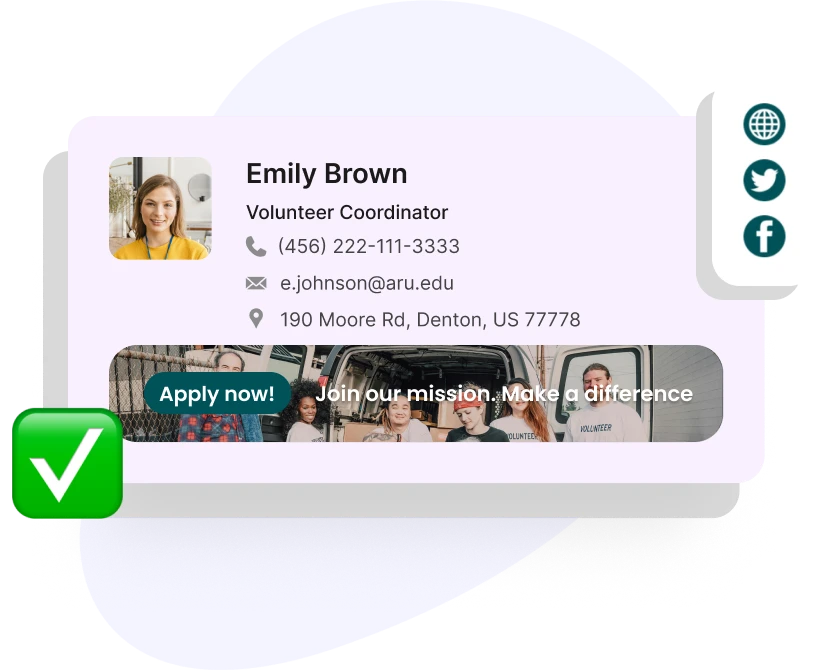 The email signature of a nonprofit worker with social media icon, apply now banner, contact details, and a profile picutre