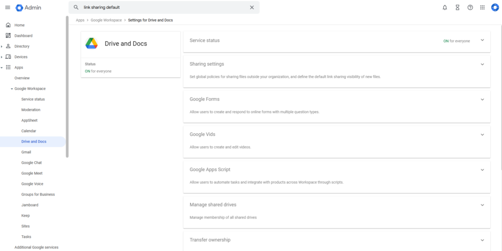 To modify your link sharing permissions you need to open your Google Admin console and navigate to Apps > Google Workspace > Drive and Docs