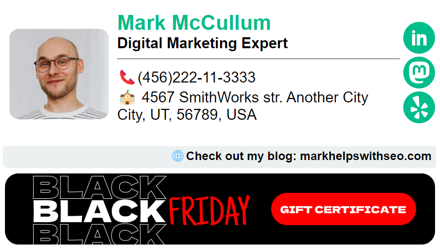 Email signature example with a gift card coupon banner for Black Friday