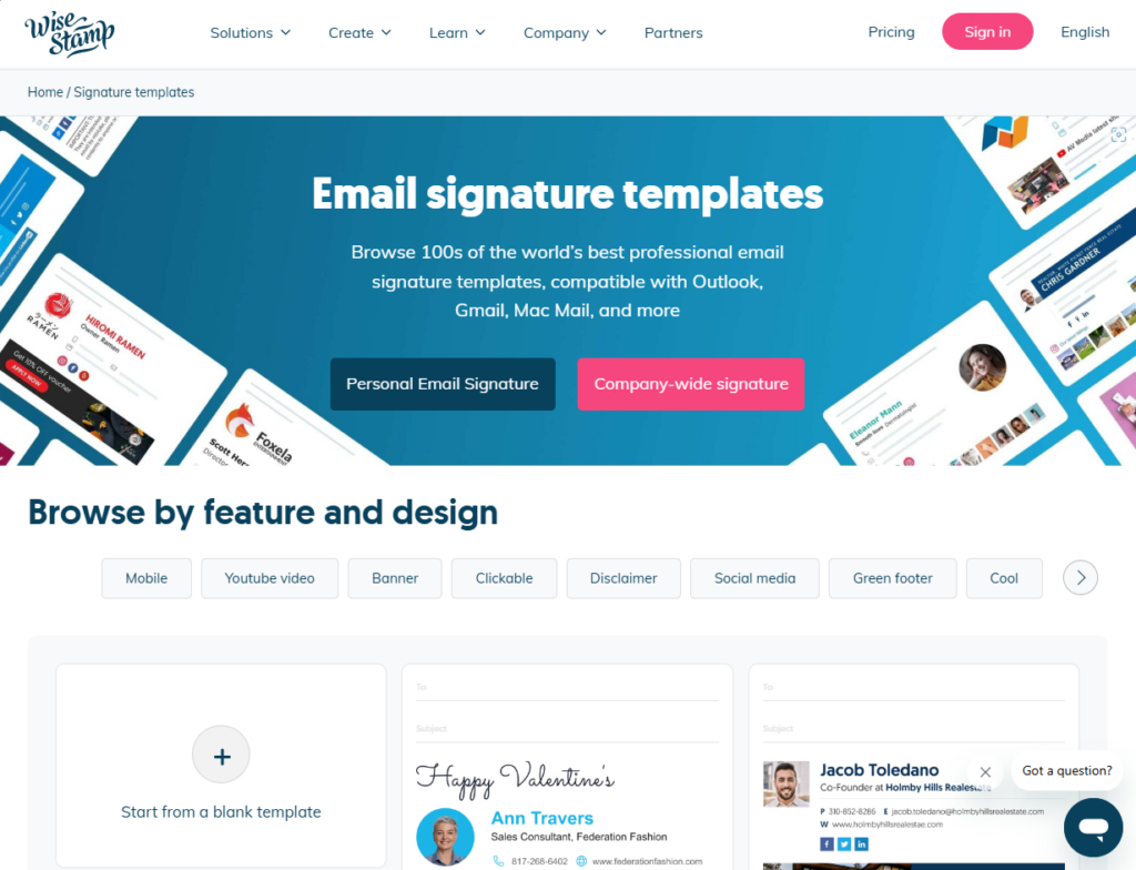 The homepage of Wisestamp, an email signature solution