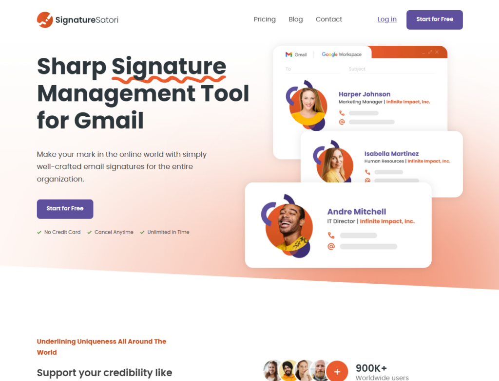 The homepage of SignatureSatori, an email signature solution